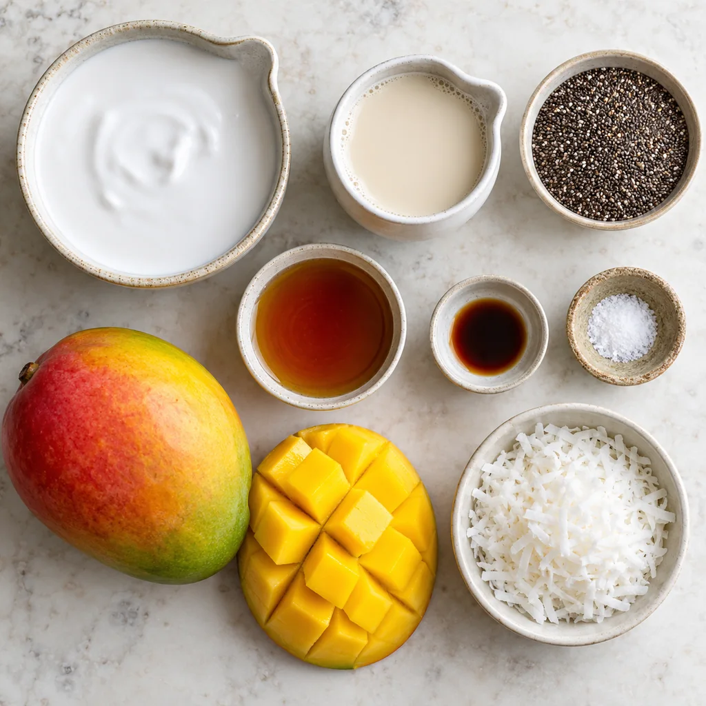 Coconut milk, oat milk, chia seeds, maple syrup, vanilla, salt, mango and coconut flakes