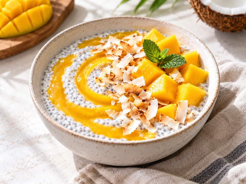 Mango coconut chia breakfast bowl with fresh mango and coconut flakes