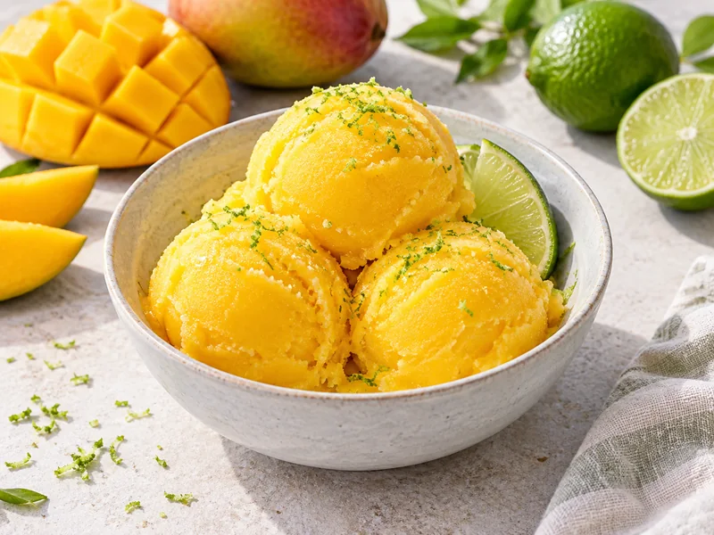 Three scoops of golden mango lime sorbet in a white bowl with fresh lime