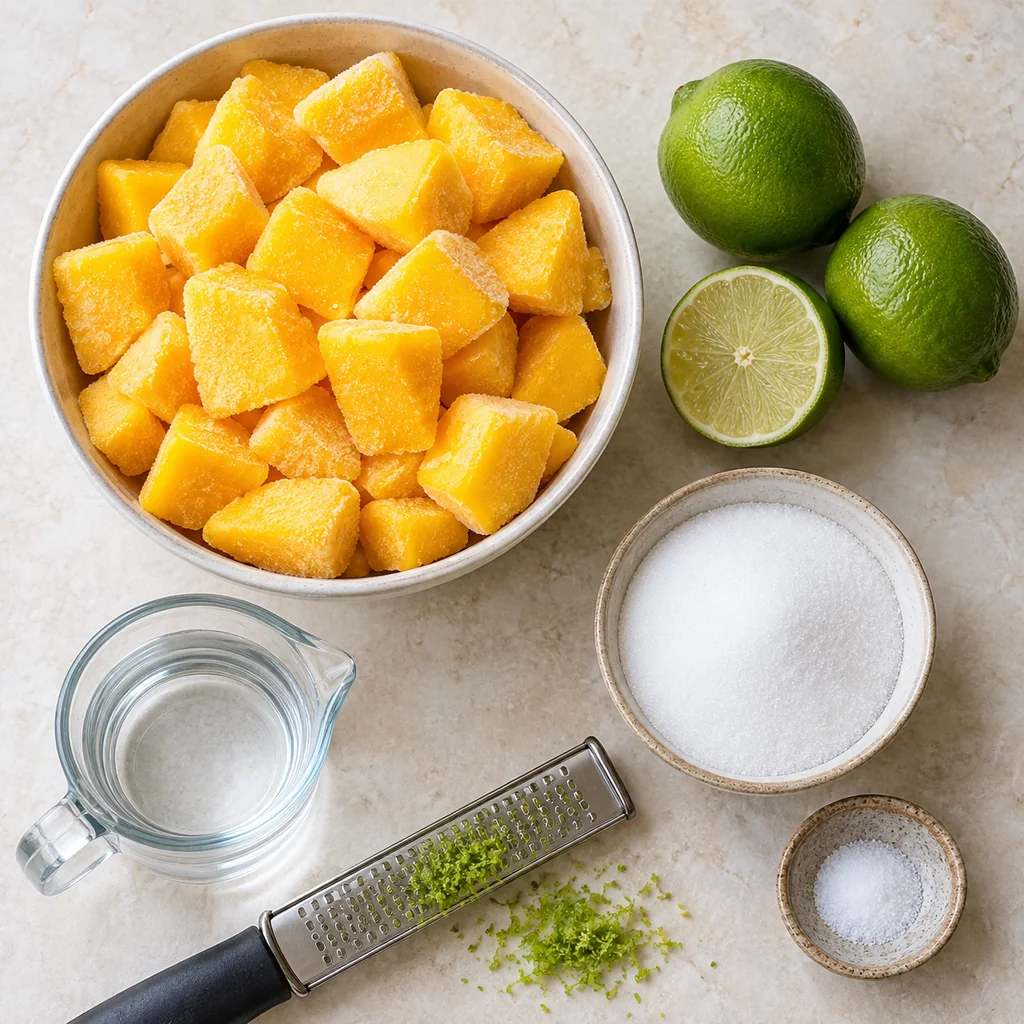 Frozen mango, limes, sugar, water, lime zest and salt for mango lime sorbet