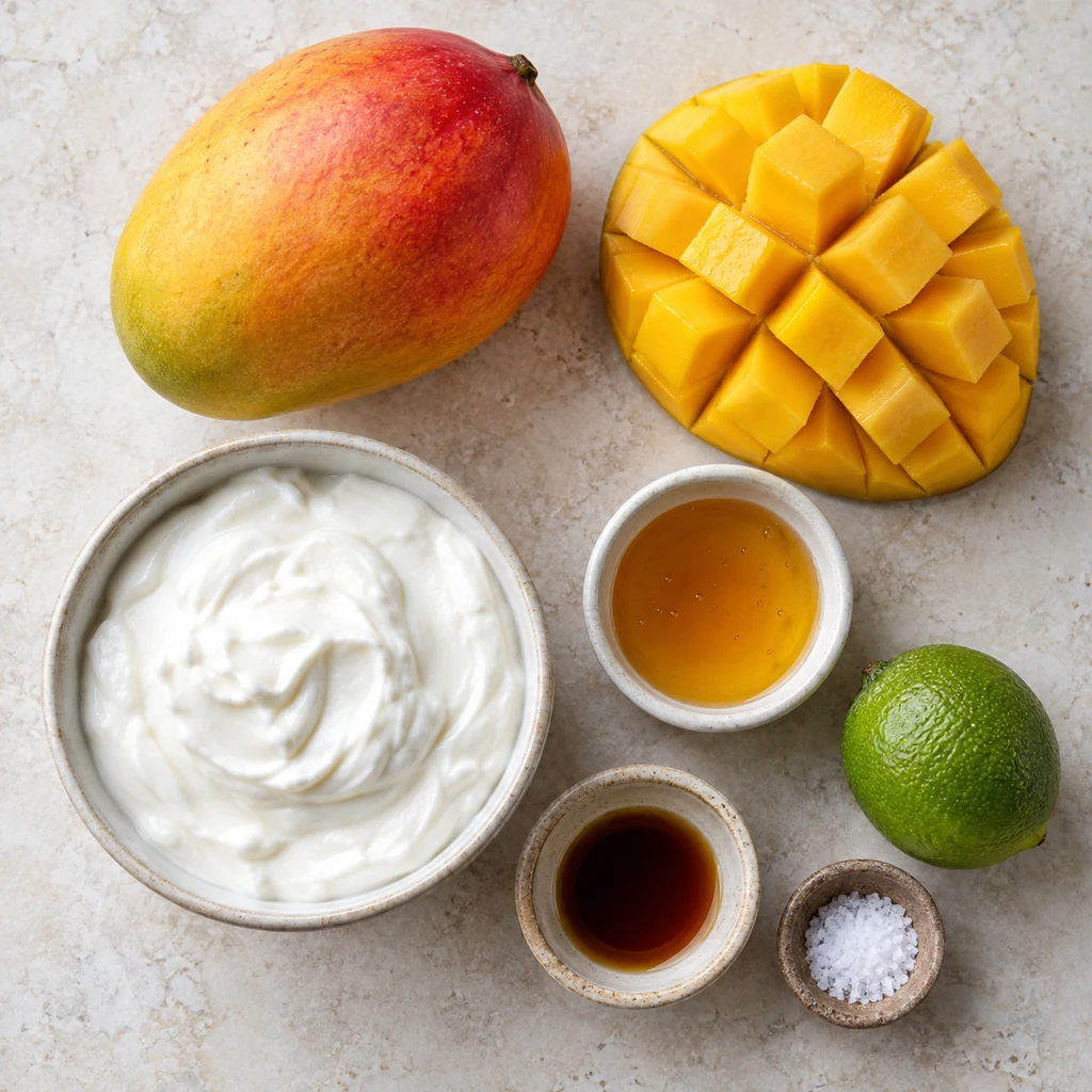 Ripe mango, Greek yogurt, honey, lime, vanilla and salt for mango yogurt ice pops