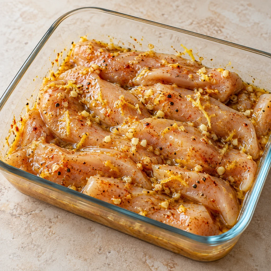 Raw chicken breast strips coated in lemon garlic marinade in a glass container