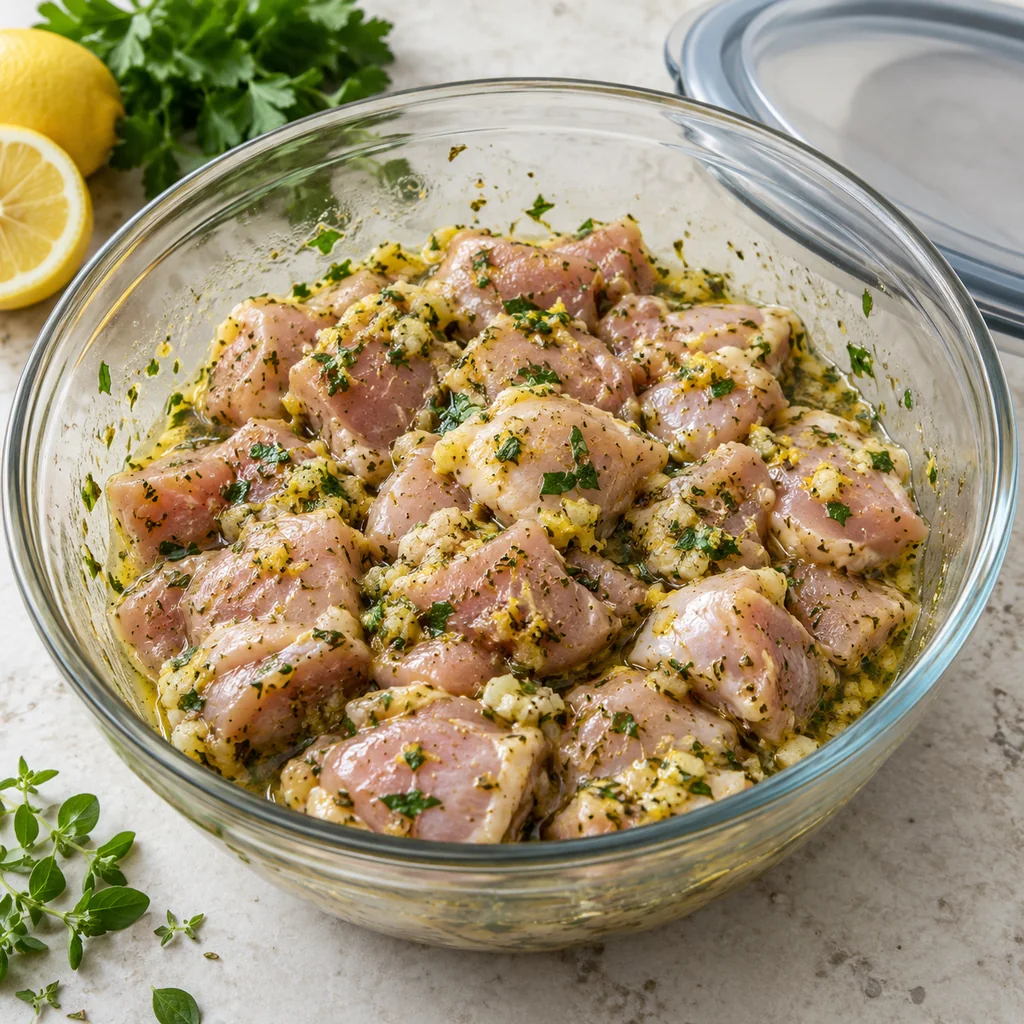 Raw chicken thigh pieces coated with lemon herb marinade in a glass bowl