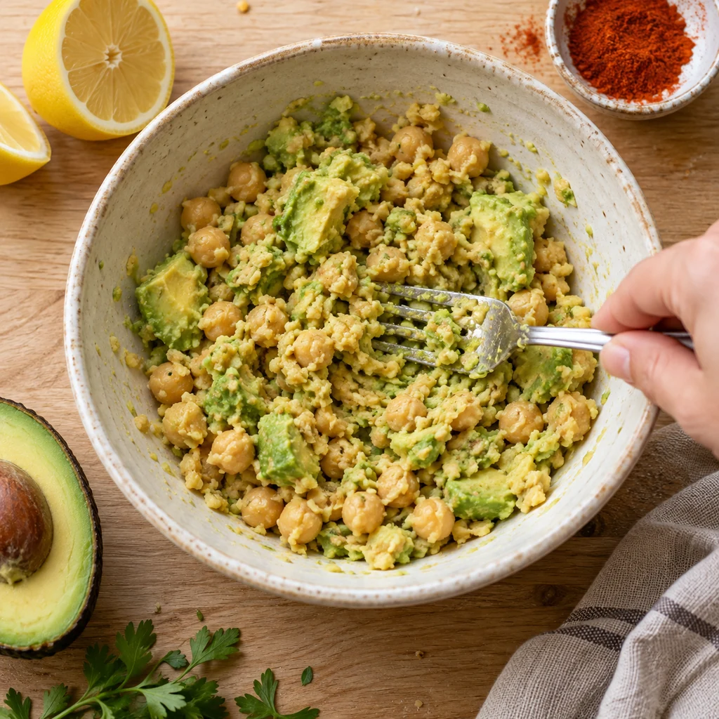 Chickpeas and ripe avocado being coarsely mashed in a ceramic bowl