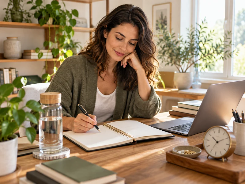 Woman calmly planning an efficient day at a bright home desk