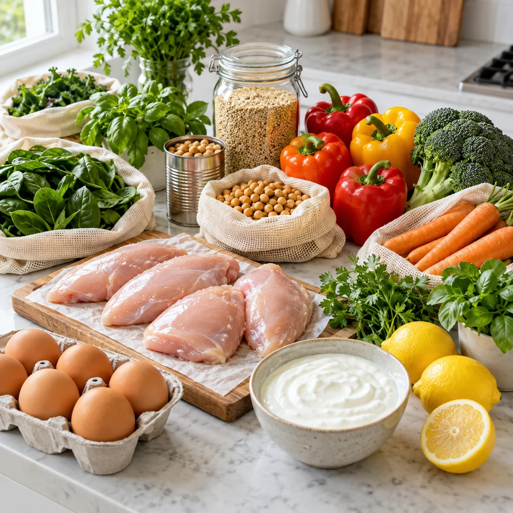 Chicken, chickpeas, quinoa, eggs, yogurt, vegetables, lemons, and herbs organized for meal prep