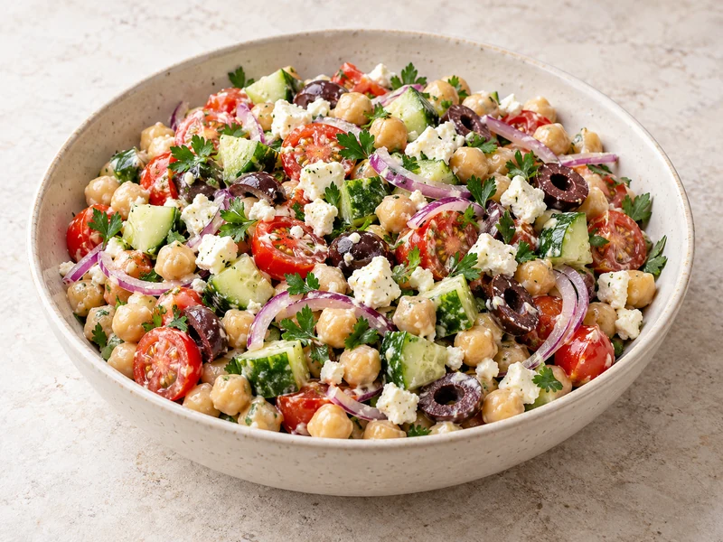 Finished Mediterranean chickpea salad with lemon-tahini dressing, feta and parsley