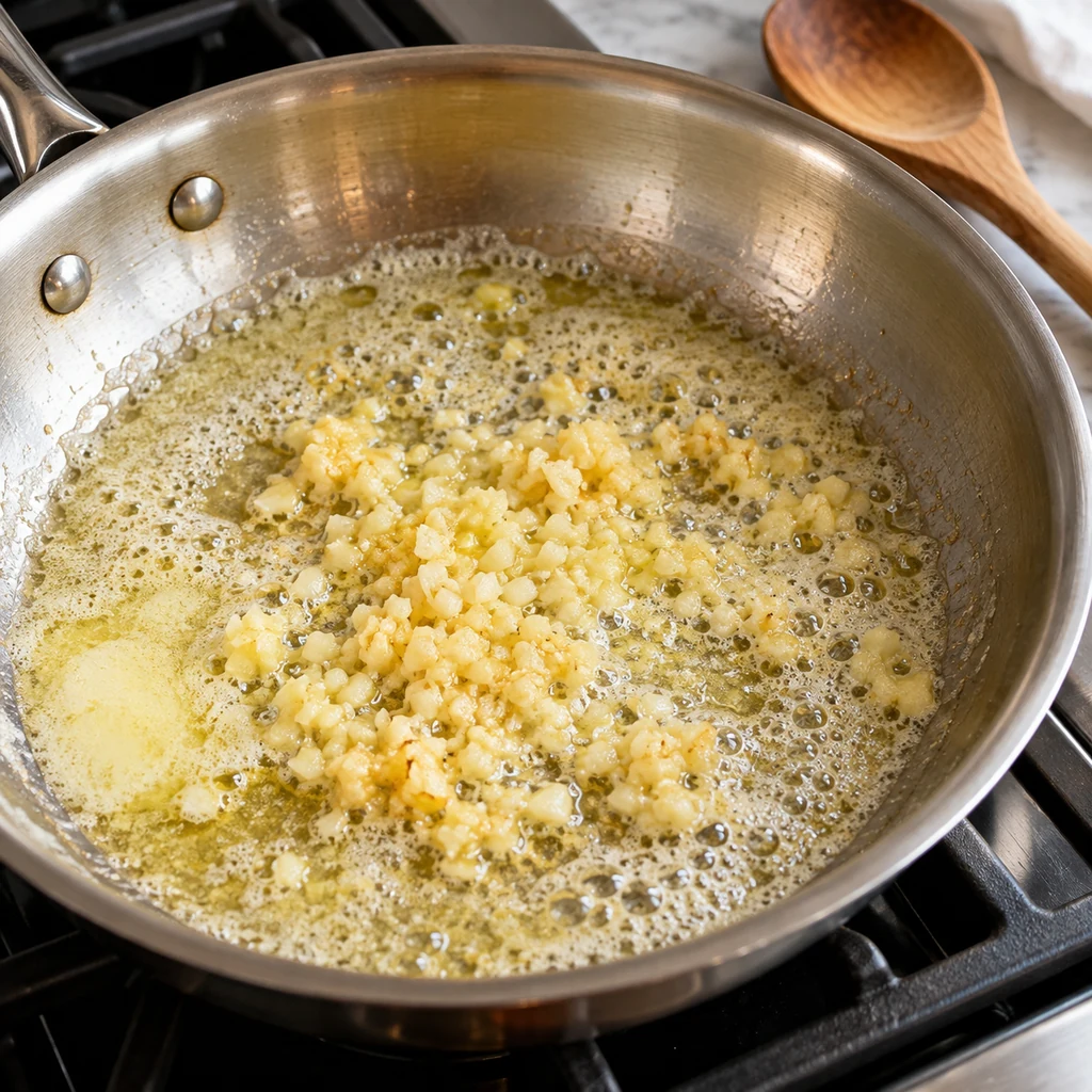 Fresh minced garlic gently cooking in foaming butter in a stainless-steel skillet