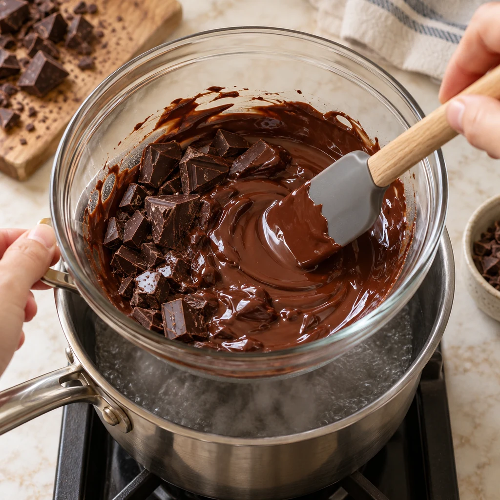 Dark chocolate melting in a glass bowl over gently steaming water