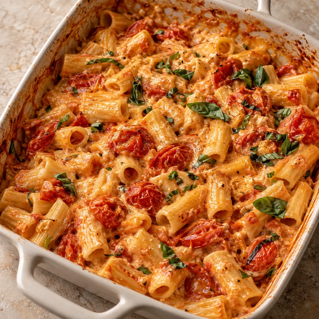 Rigatoni coated in creamy baked feta and roasted cherry tomato sauce with basil