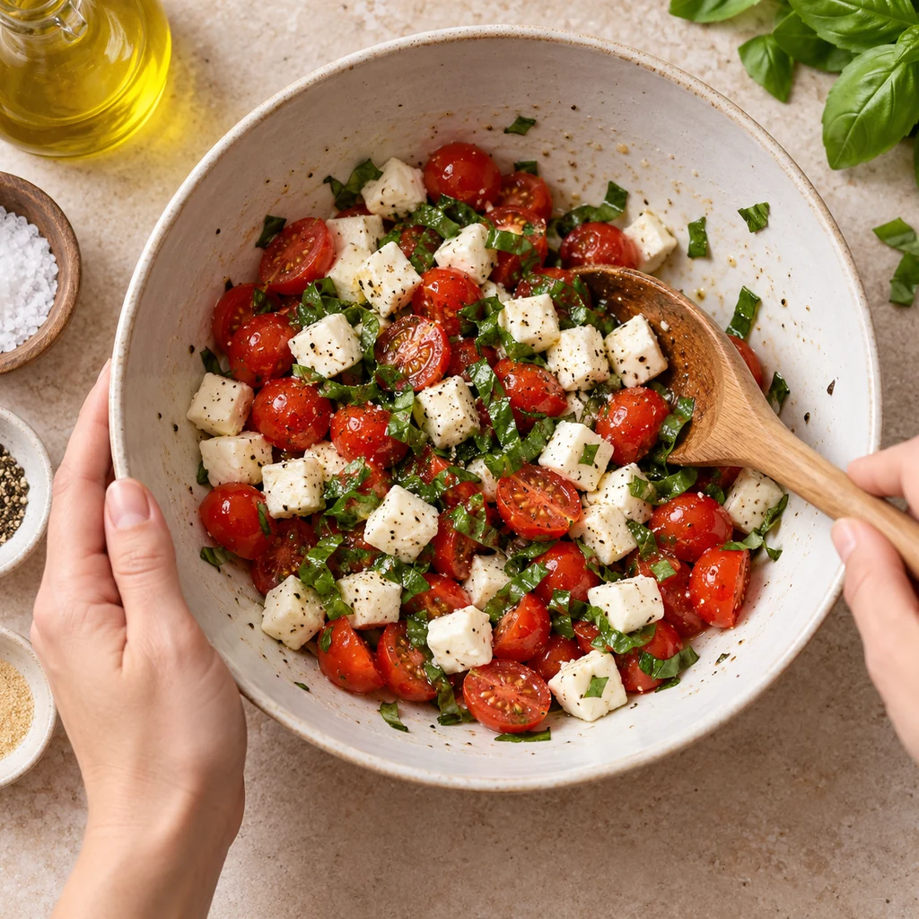 Fresh mozzarella cubes, halved cherry tomatoes and chopped basil being gently mixed in a bowl