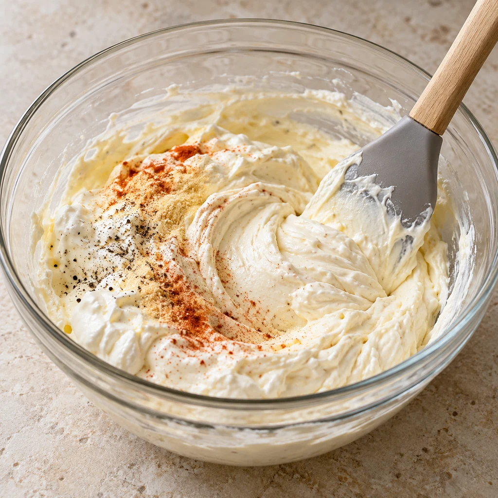 Cream cheese, sour cream, mayonnaise and seasonings being mixed until smooth