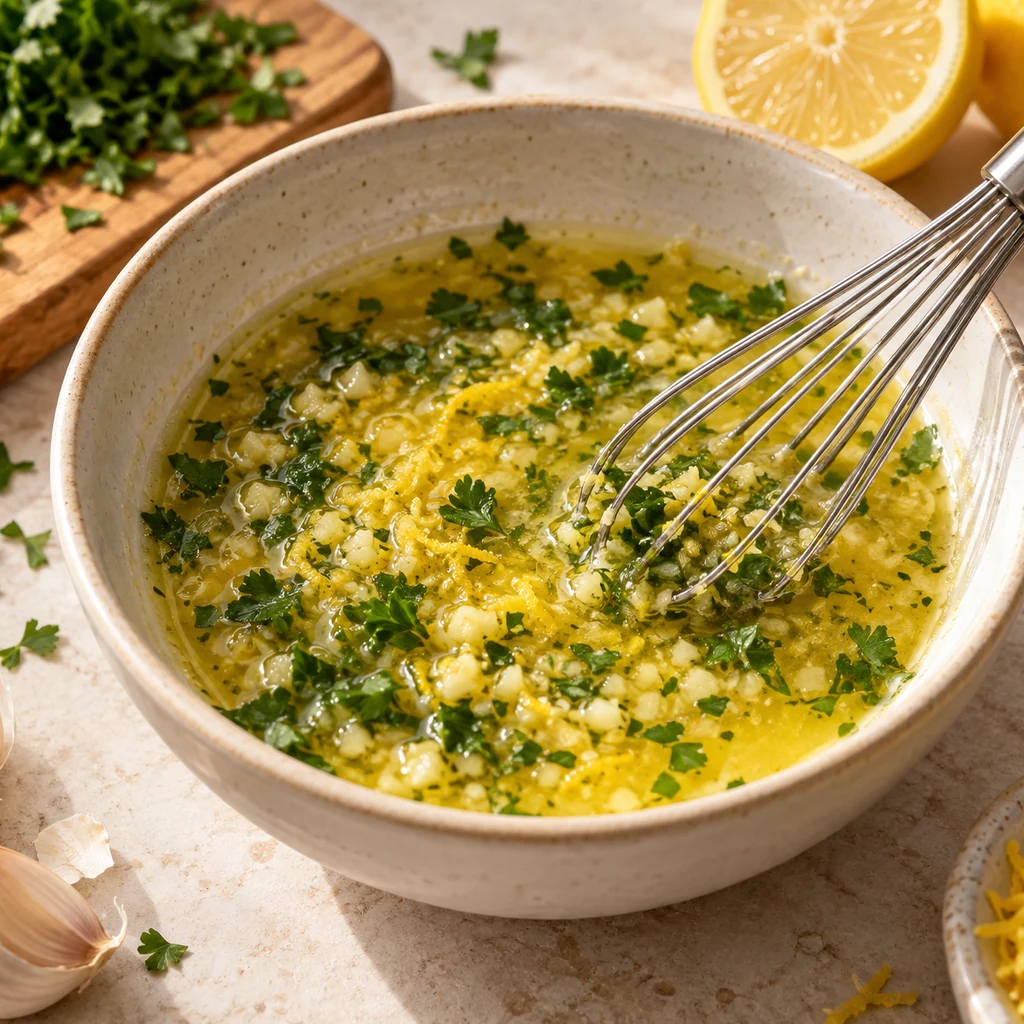 Melted butter mixed with minced garlic, lemon and chopped parsley