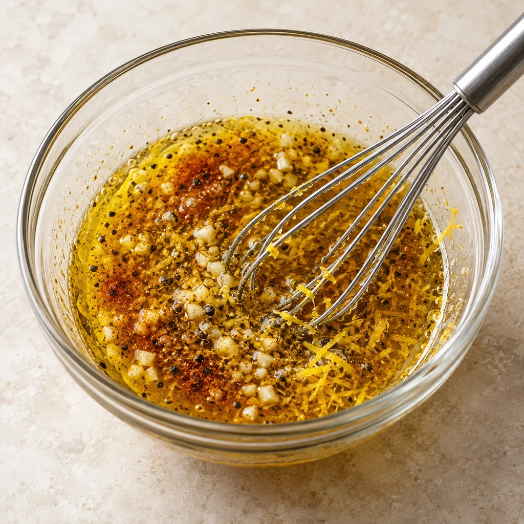 Lemon garlic marinade with olive oil, zest, cumin and paprika in a glass bowl