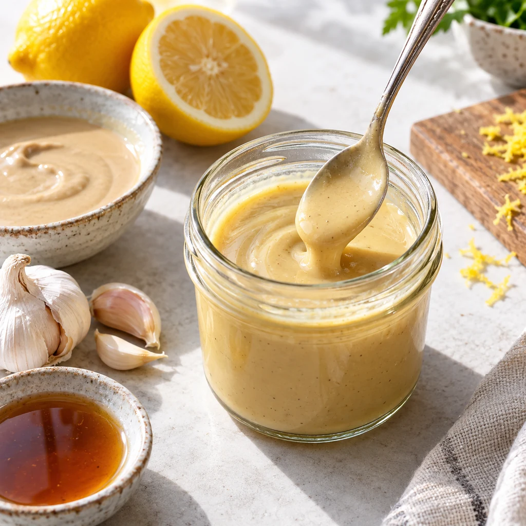 Smooth lemon tahini dressing mixed in a small glass jar