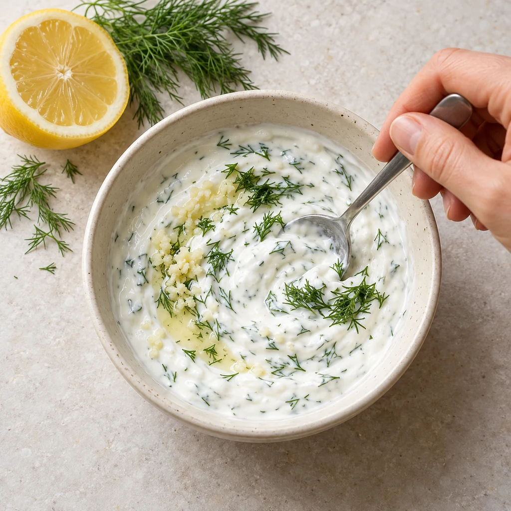 Greek yogurt being stirred with minced garlic, lemon and dill in a cream-colored bowl