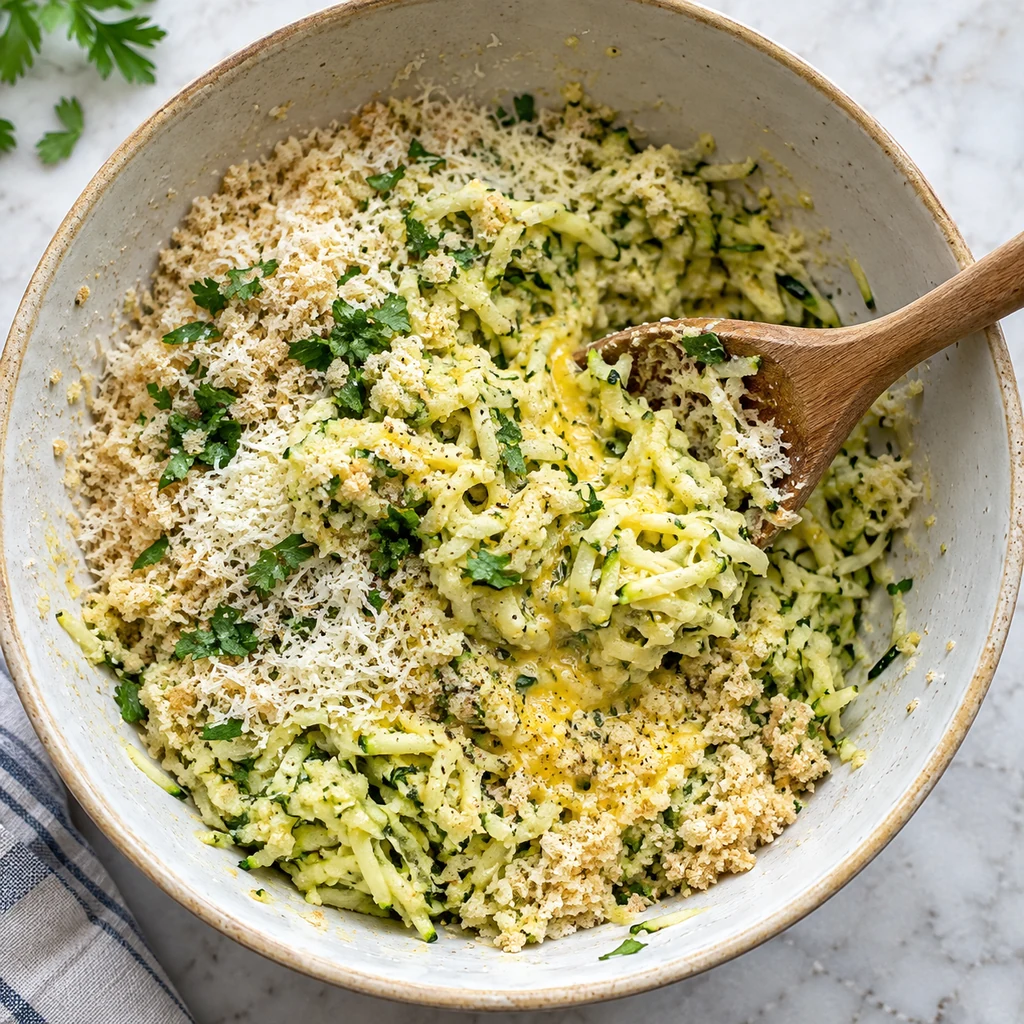 Dry shredded zucchini being mixed with breadcrumbs, Parmesan, egg and parsley