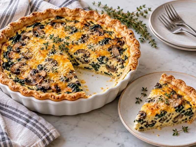 Finished mushroom and spinach quiche with one slice on a plate beside the remaining pie