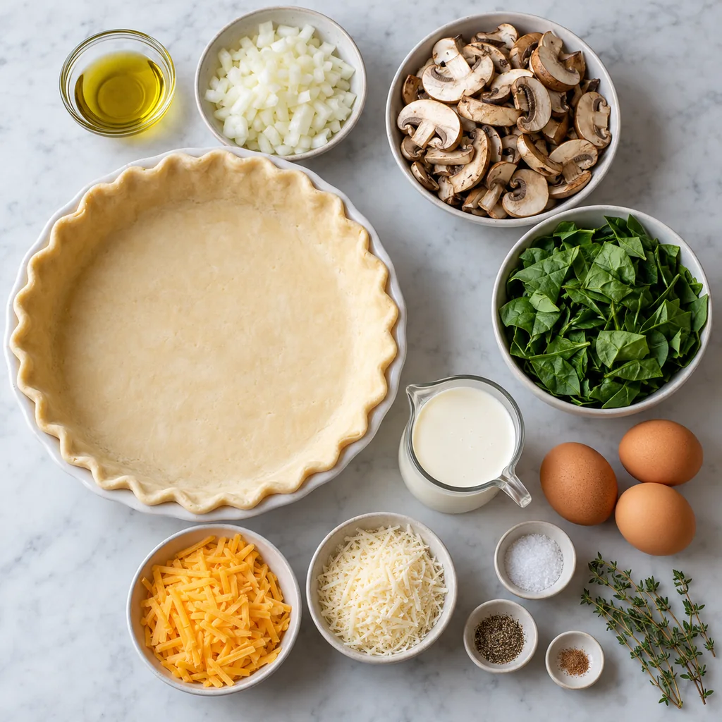 Unbaked pie crust, olive oil, onion, sliced mushrooms, fresh spinach, eggs, cream, cheddar, Parmesan, seasonings and thyme arranged separately