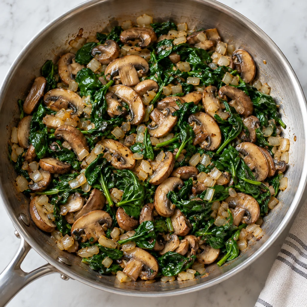 Browned sliced mushrooms, softened onion and wilted spinach in a large skillet