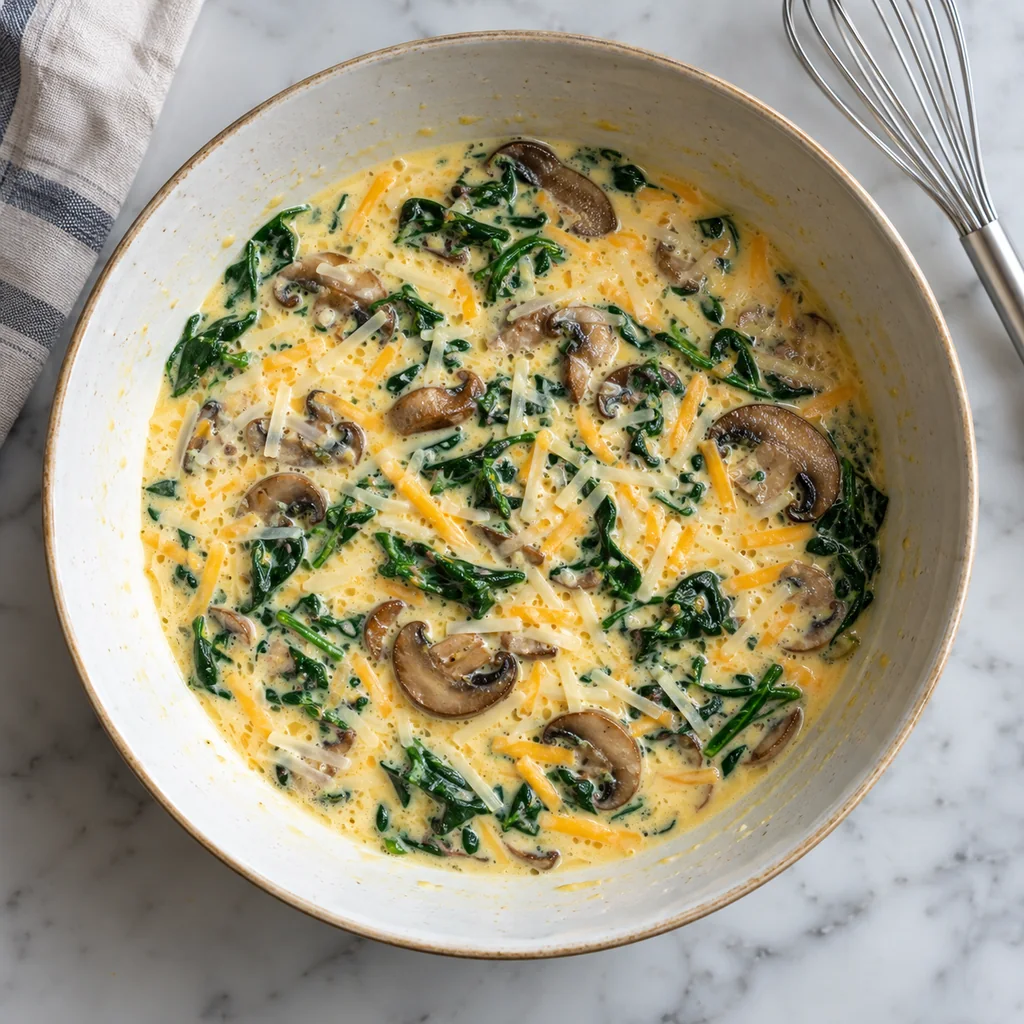 Unbaked egg and cream filling with sautéed mushrooms, spinach, cheddar and Parmesan in a mixing bowl