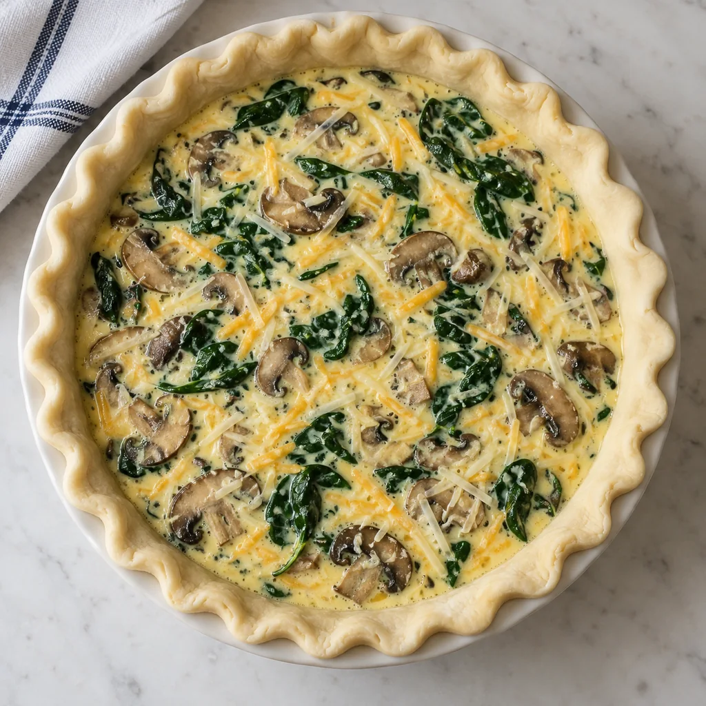 Unbaked pie crust filled with mushroom, spinach and cheese egg mixture below the rim