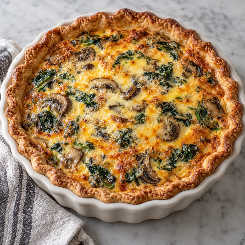 Whole baked mushroom and spinach quiche with a golden crust and lightly browned set filling
