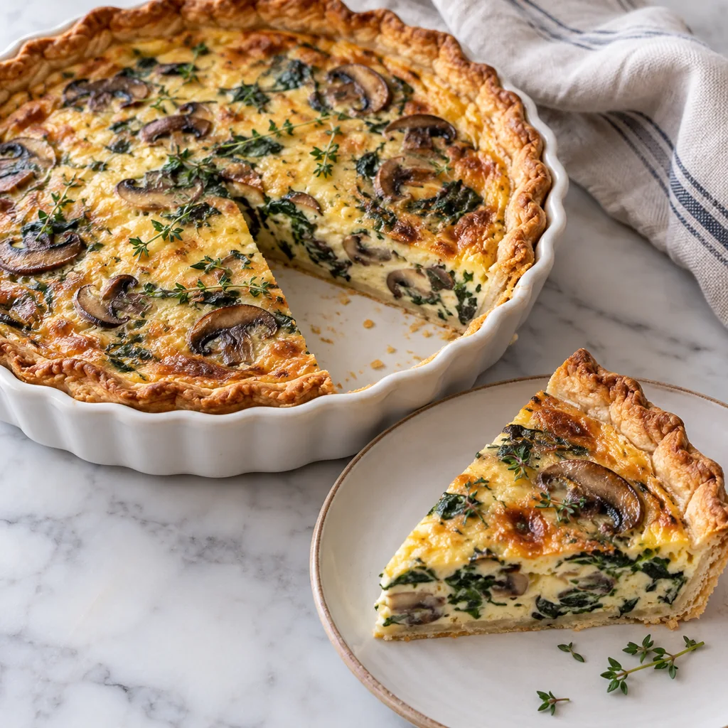 Rested mushroom and spinach quiche with a clean slice served beside the remaining pie