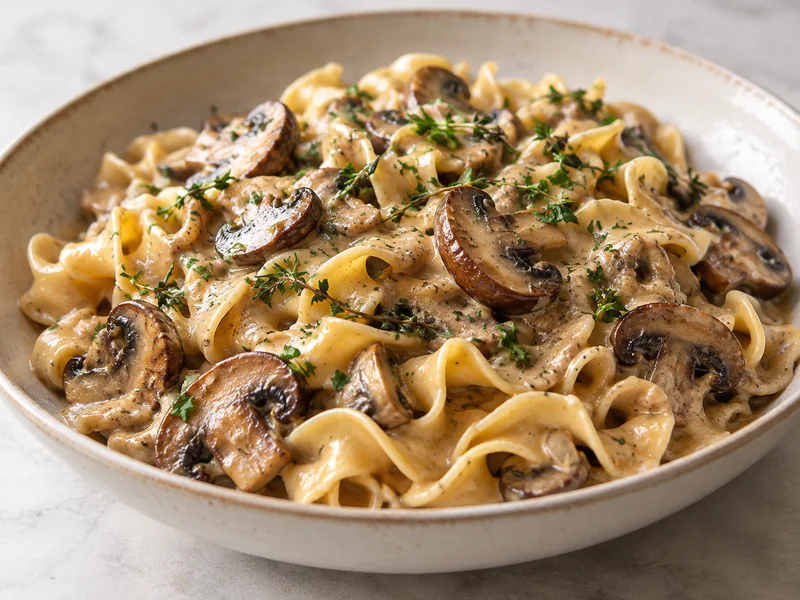 Finished creamy mushroom stroganoff with broad egg noodles, parsley and thyme in a serving bowl