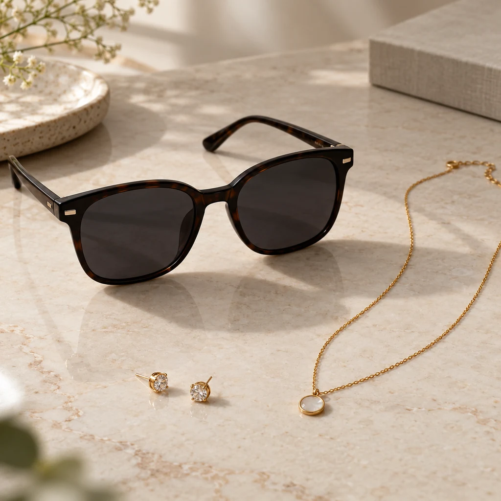 Sunglasses and a small selection of jewelry arranged on a table