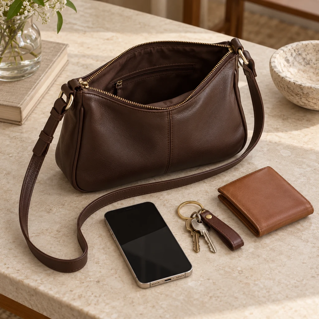 Simple crossbody bag open beside a phone, keys and small wallet