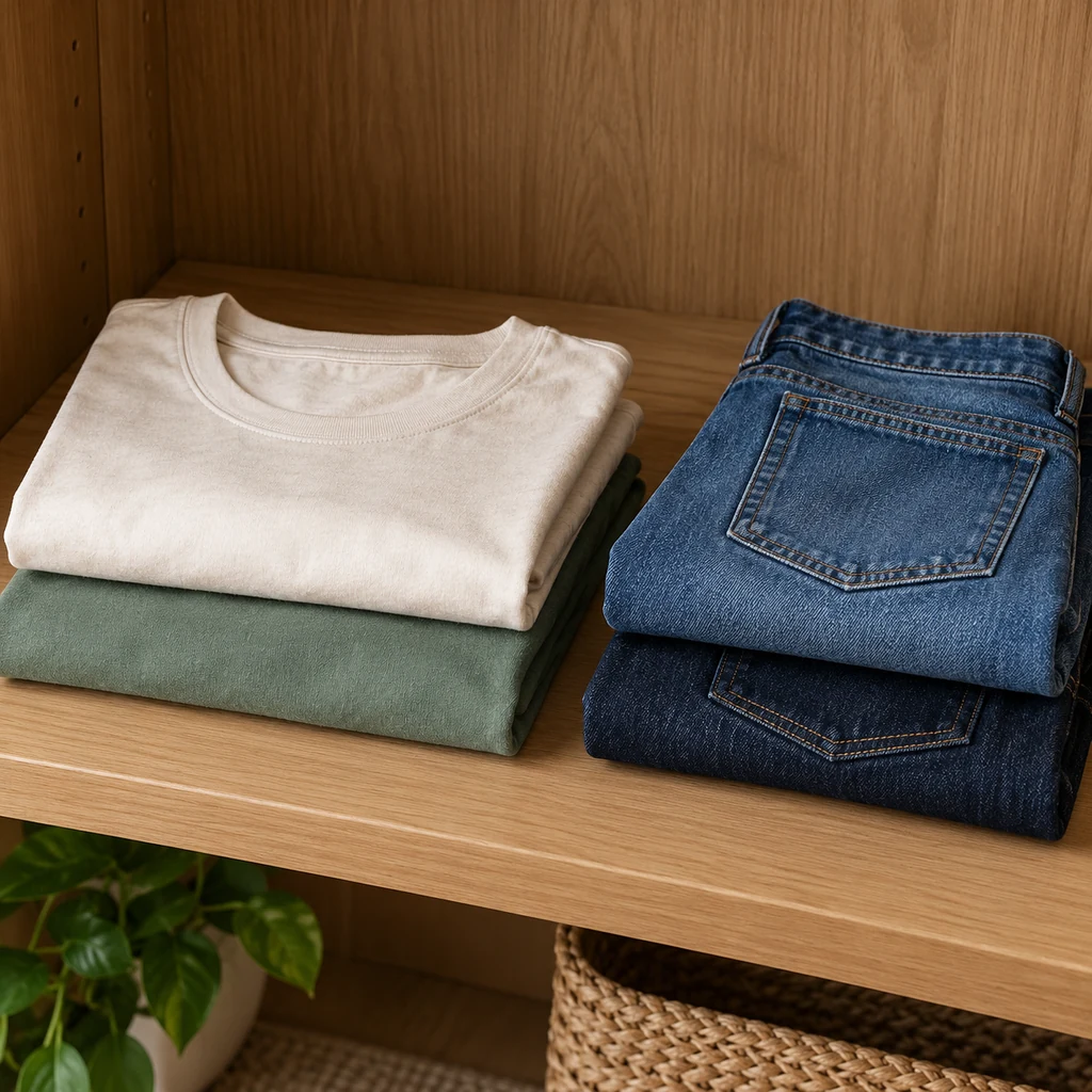 Folded everyday tees beside two pairs of jeans in a wardrobe