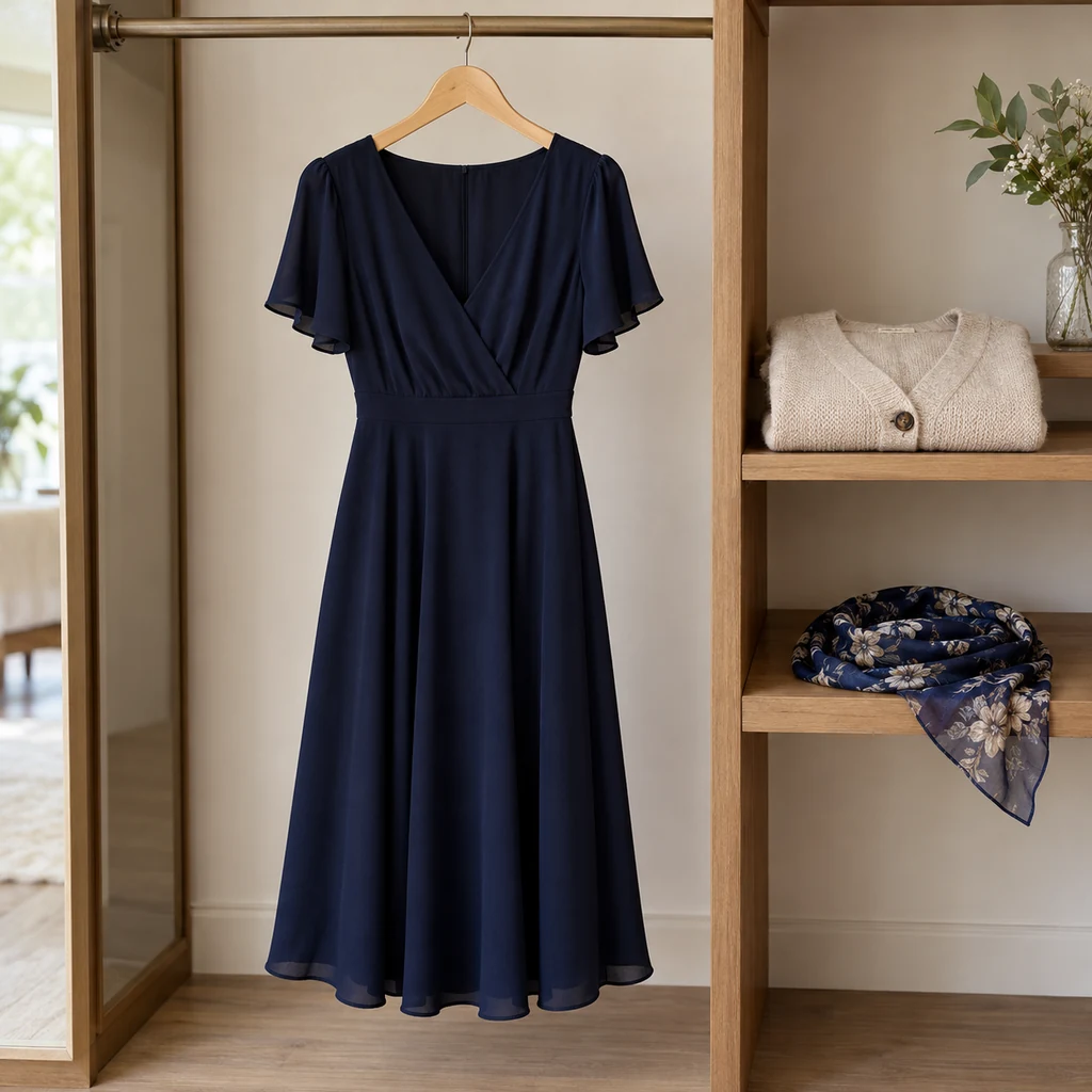 Simple dark dress on a hanger with two styling options nearby