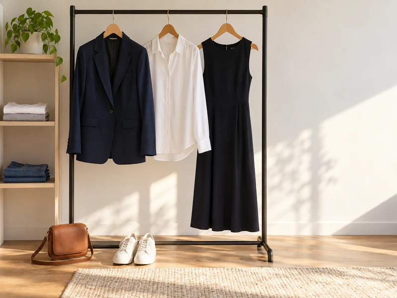 Curated wardrobe with blazer, shirt, dress, folded basics, shoes and bag