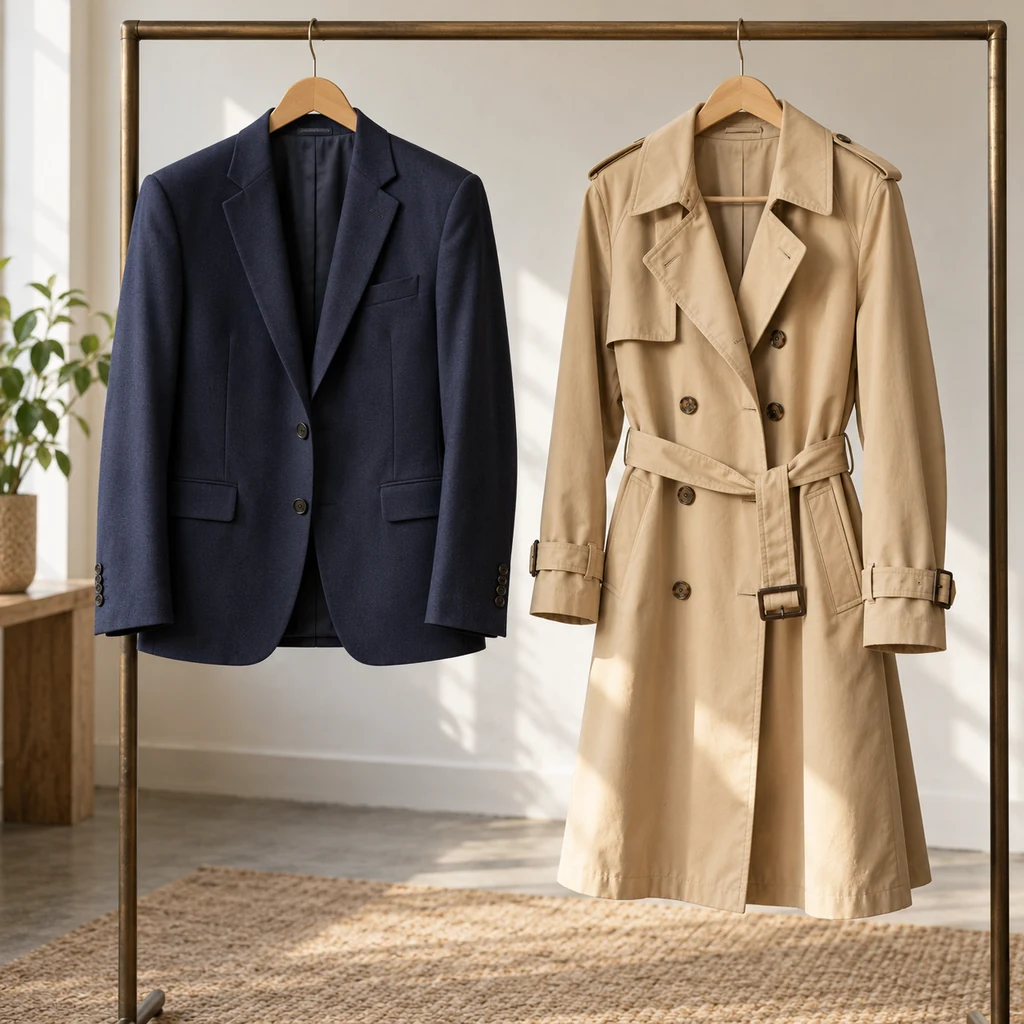 Blazer and lightweight trench coat hanging separately on a clothing rack