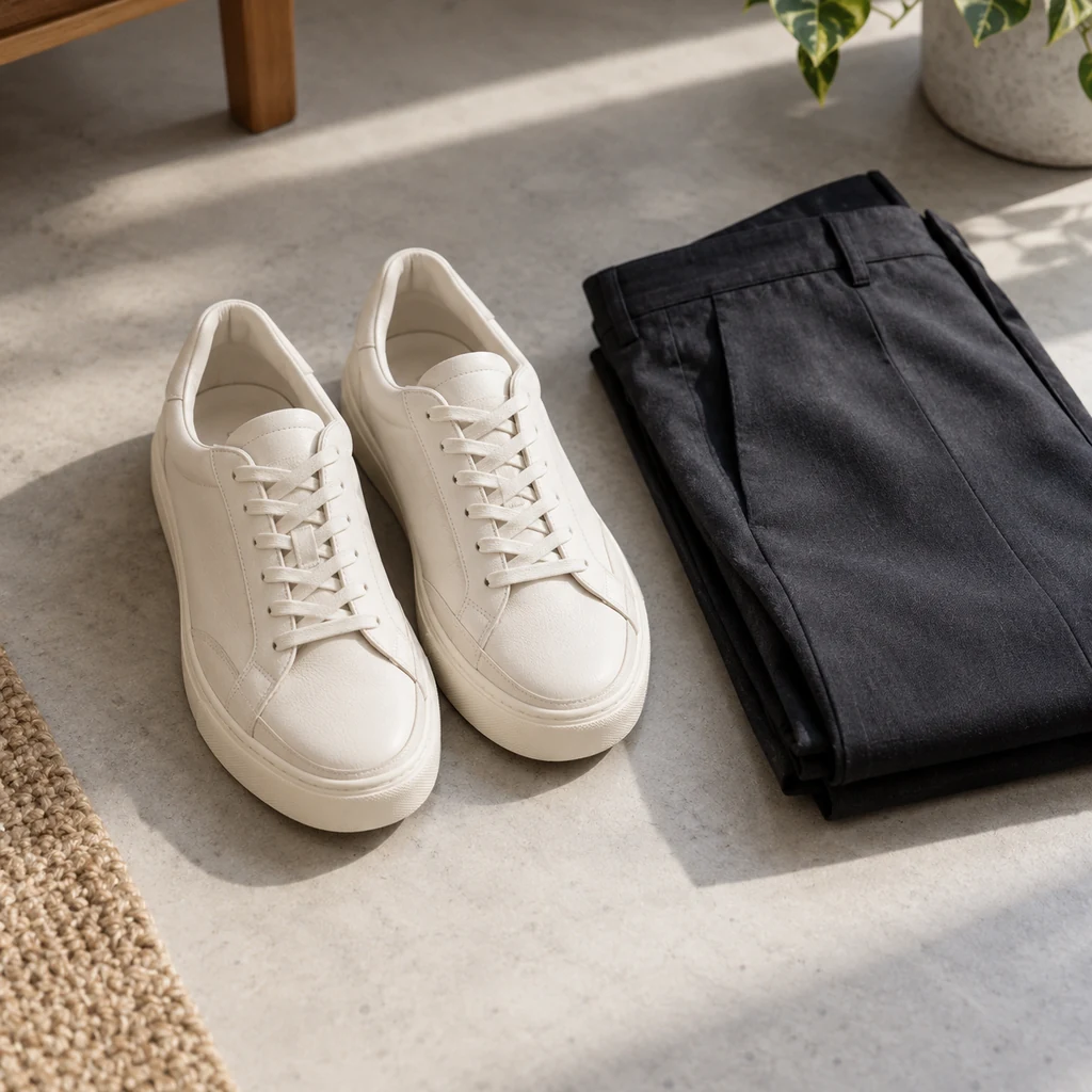 Pair of simple comfortable sneakers beside everyday trousers