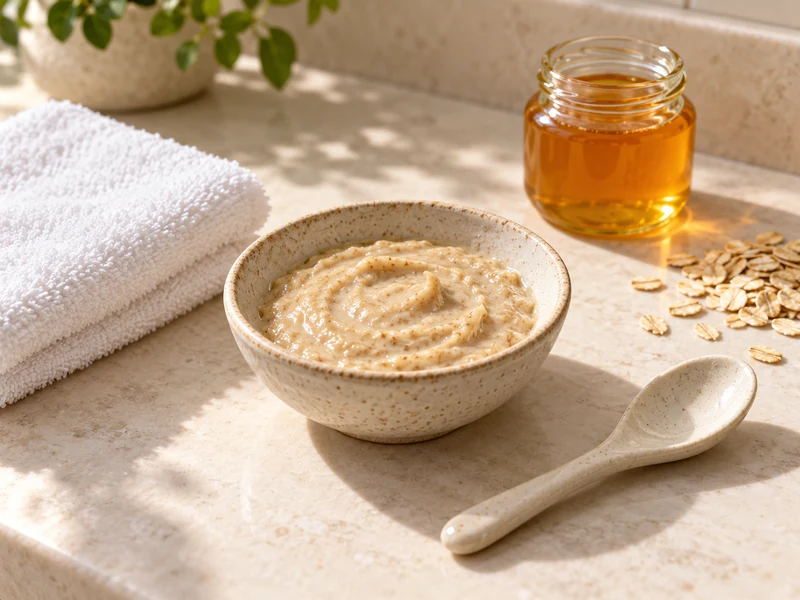 Fresh honey and finely ground oat mask beside a washcloth and plain honey