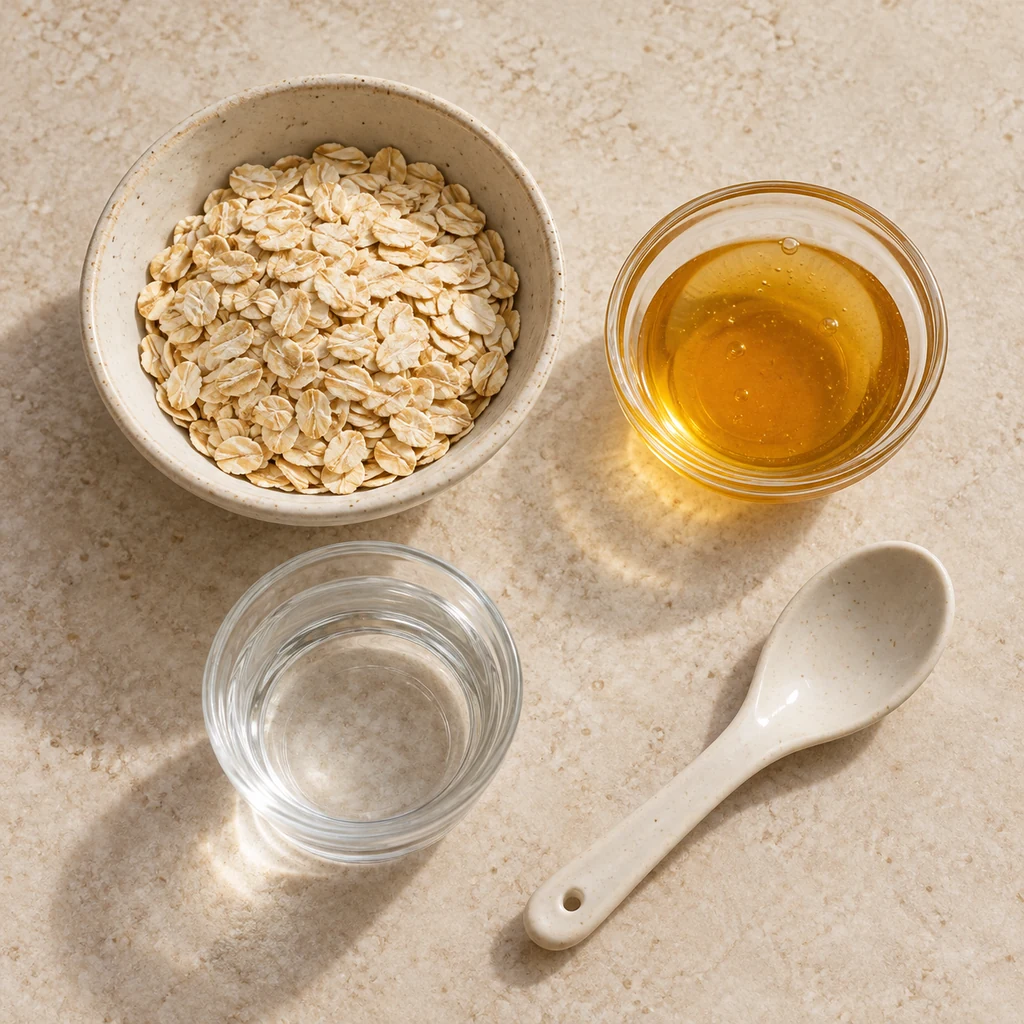 Small bowls of plain rolled oats and honey beside a little clean water