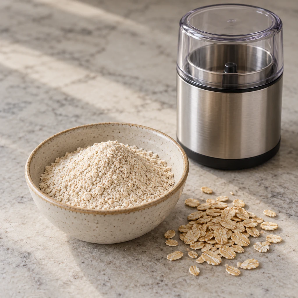 Finely ground oat powder in a small bowl beside plain rolled oats and a clean grinder