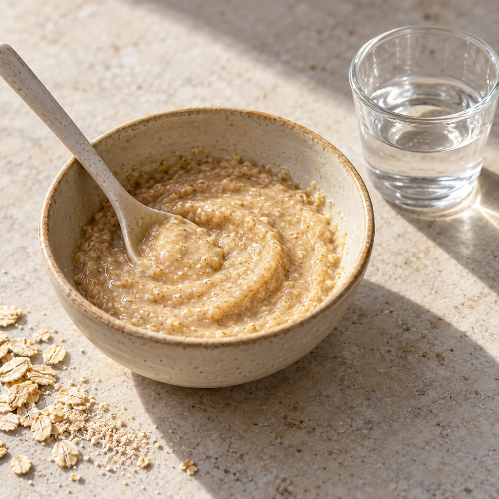 Smooth honey and finely ground oat paste in a small ceramic bowl with a spoon