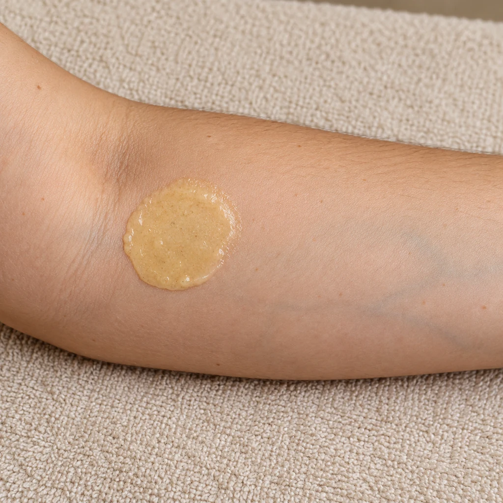 Small neat patch of honey and oat paste on the inner forearm