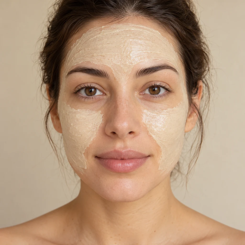 Adult face with a thin honey and oat mask on the cheeks and forehead, away from eyes and lips