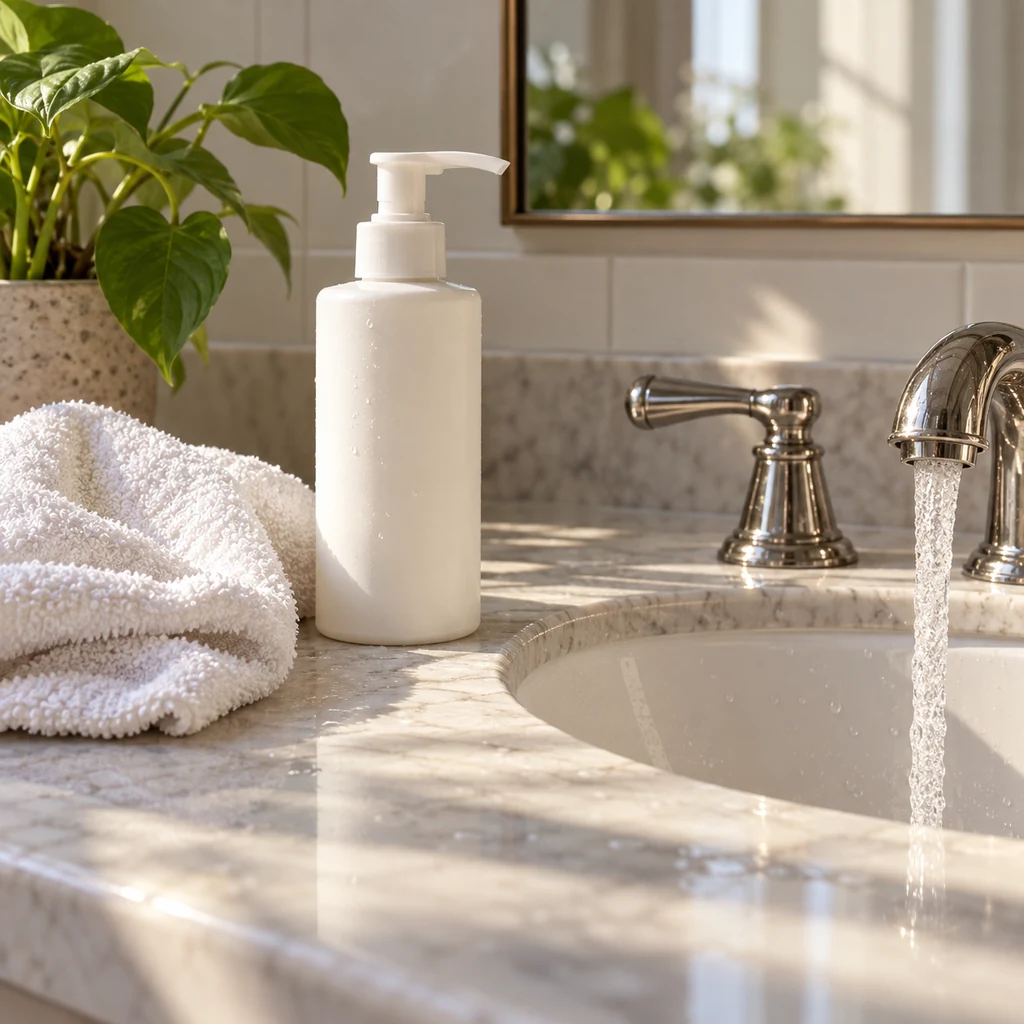 Unbranded gentle cleanser beside a soft cloth and bathroom sink