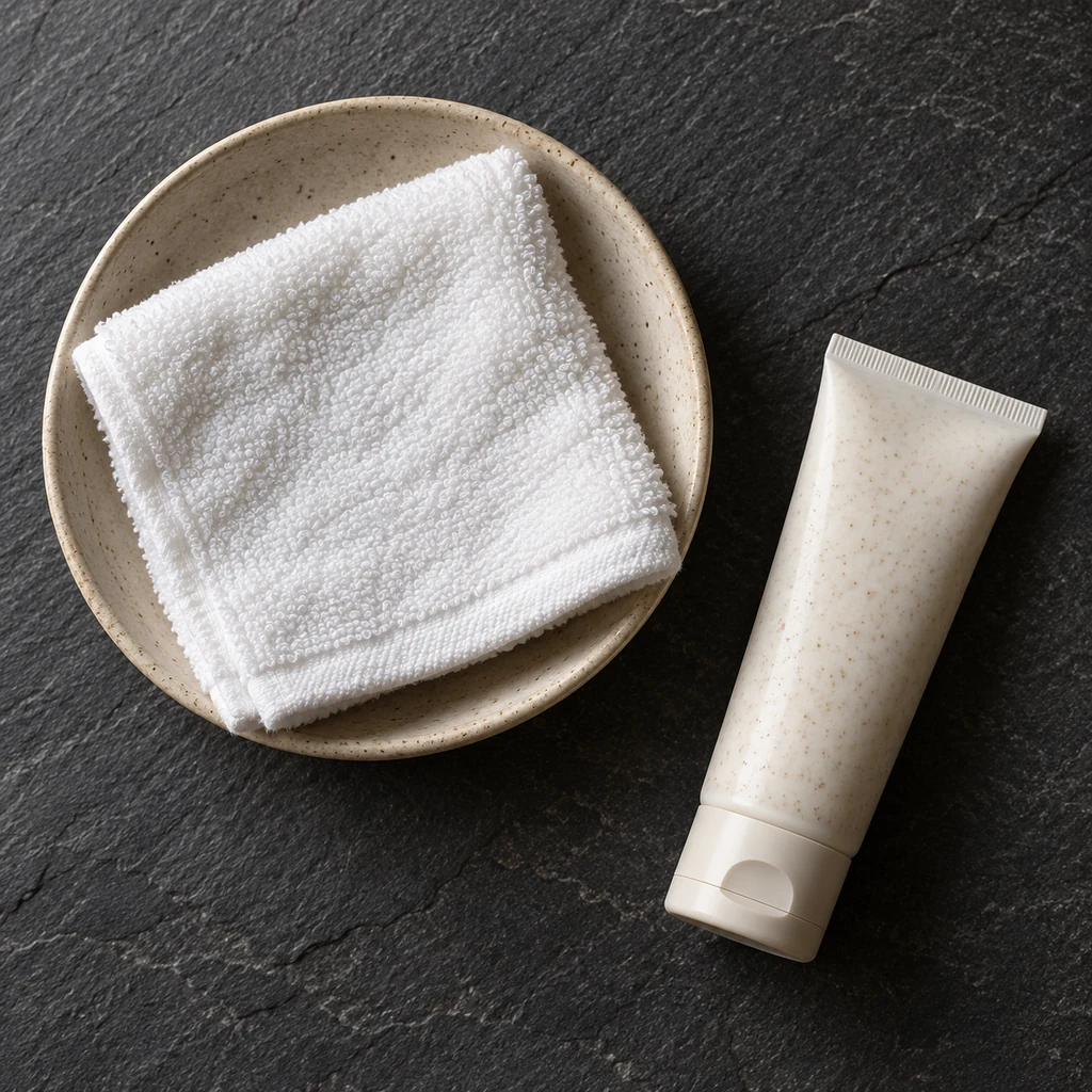 Soft washcloth and closed unbranded exfoliating product on a counter