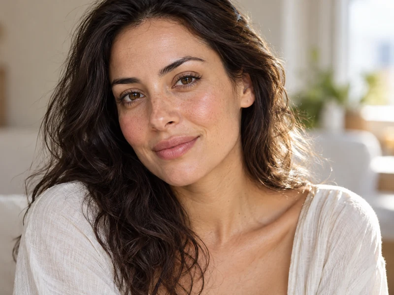 Adult with natural skin texture in soft daylight