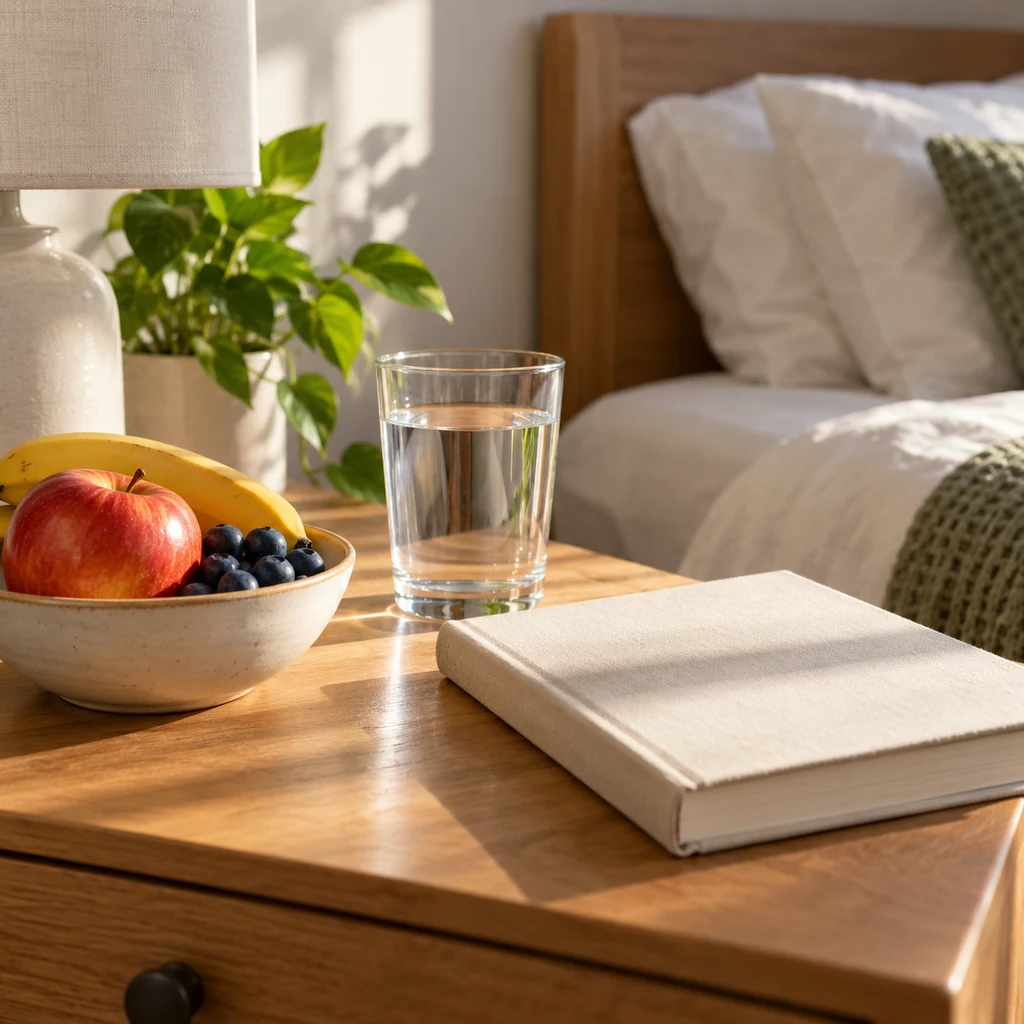 Water glass, fruit and a closed book on a bedside table in morning light