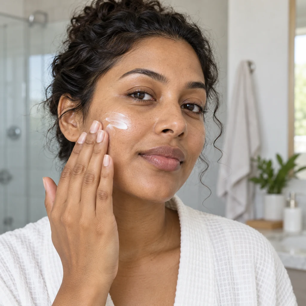 Adult gently applying a small amount of moisturizer to one cheek
