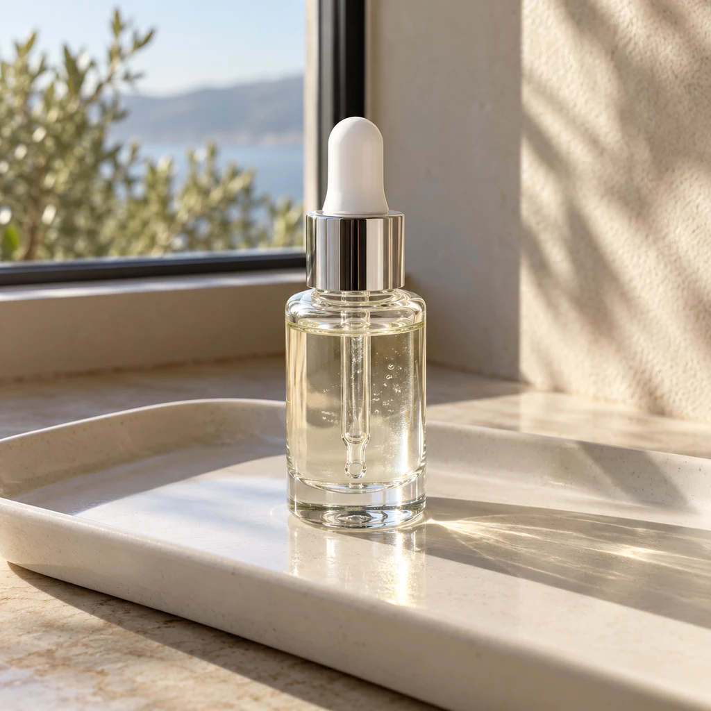 One plain skincare serum bottle beside a small clean tray