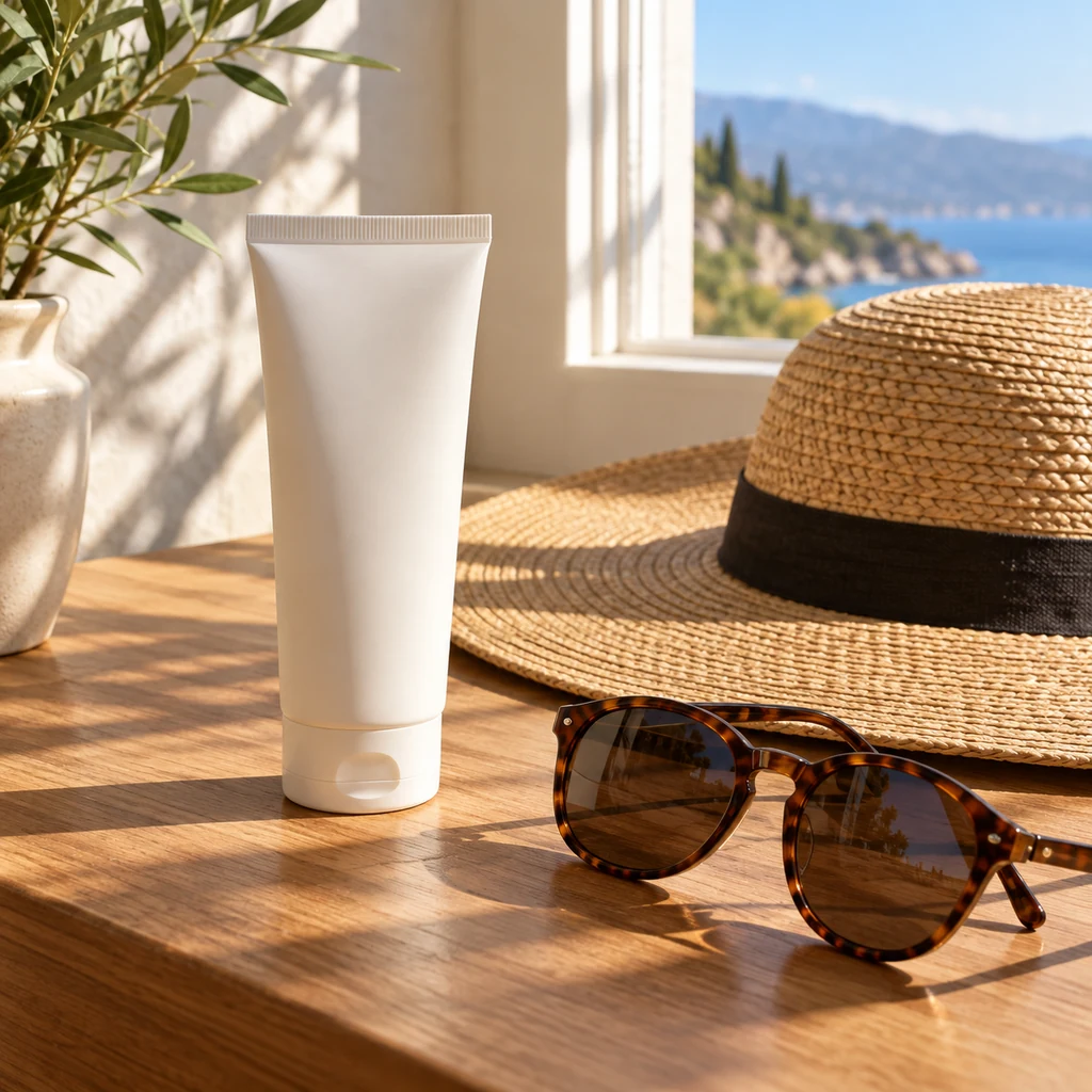 Plain sunscreen tube, wide-brimmed hat and sunglasses in daylight
