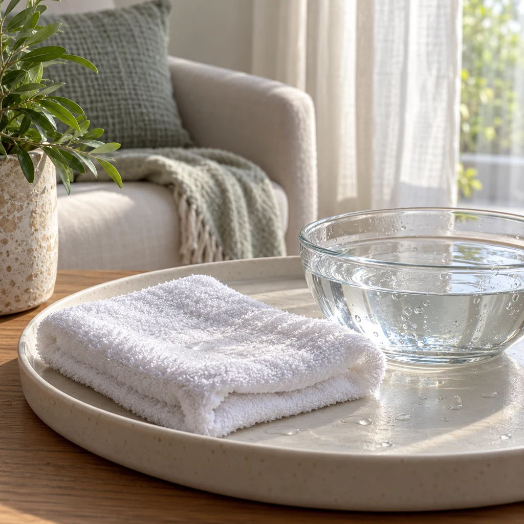 Clean soft washcloth dampened with cool water beside a shaded chair